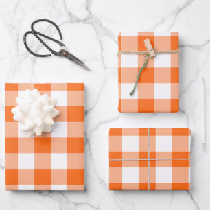 Orange and White Gingham Check Plaid Wrapping Paper Sheet