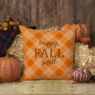 Orange and White Gingham Plaid Happy Fall Y'all Cushion