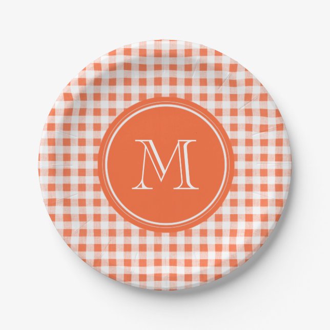 orange and White Gingham, Your Monogram Paper Plate (Front)