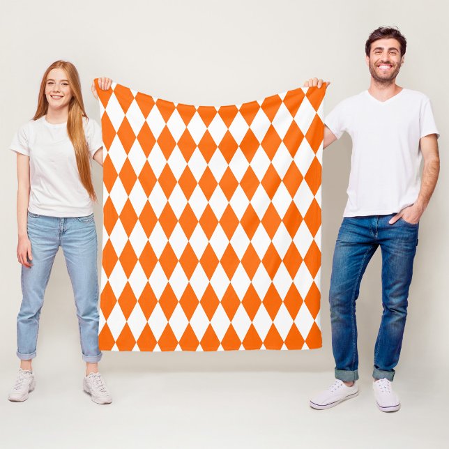 Orange and White Harlequin Diamonds Check Design  Fleece Blanket (Creator Uploaded)