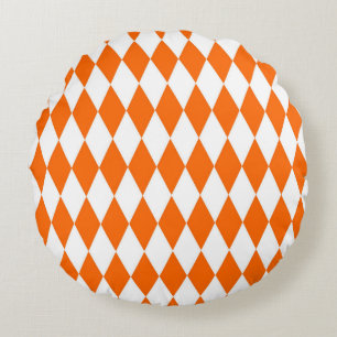 Orange and White Harlequin Diamonds Check Design  Round Cushion