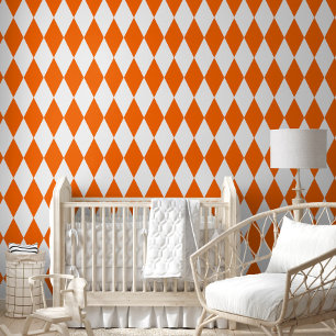 Orange and White Harlequin Diamonds Check Design Wallpaper