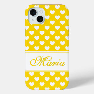 Orange And White Hearts Pattern And Your Name iPhone 15 Mini Case