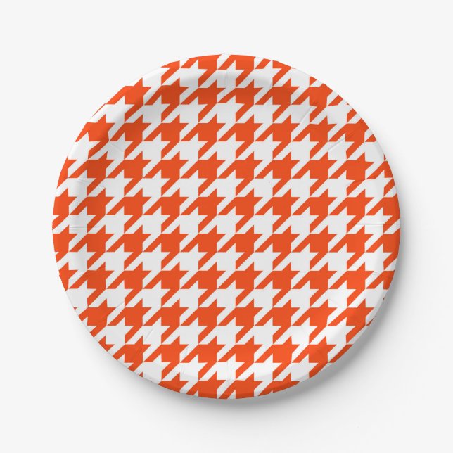 Orange and White Houndstooth Check Paper Plate (Front)