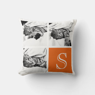 Orange and White Instagram Photo Collage Monogram Cushion