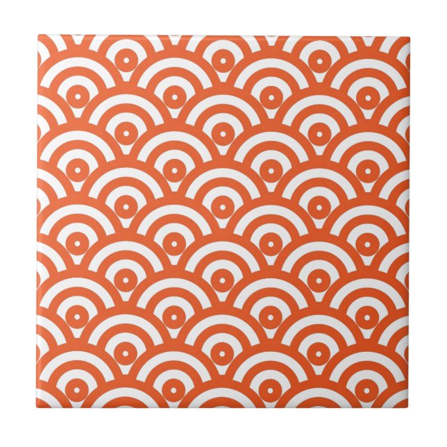 Orange and White Japanese Waves Abstract Pattern Tile (Front)