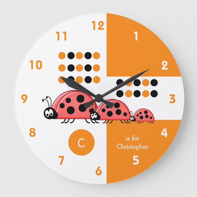 Orange and white kids ladybirds with name large clock (Front)