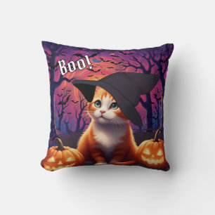 Orange and White Kitty Cat with Pumpkins & Bats Cushion