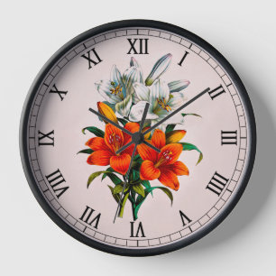 Orange And White Lily Flowers ~ By B. Chirat 1850 Clock
