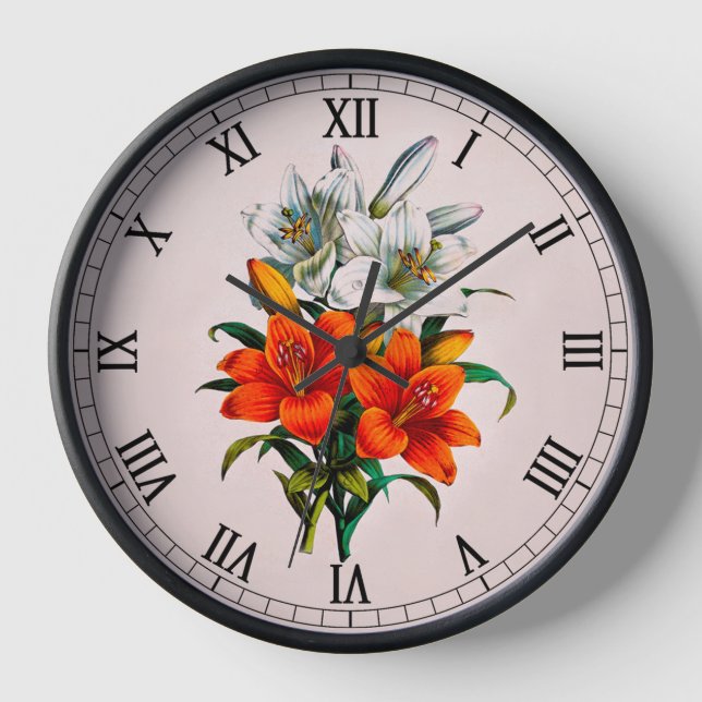 Orange And White Lily Flowers ~ By B. Chirat 1850  Clock (Front)