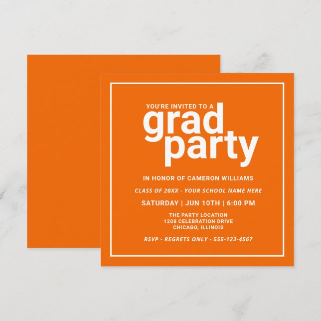 Orange and White Modern Basic Grad Party Invitation (Front/Back)