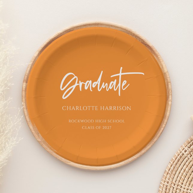 Orange and White Modern Script Graduation Party Paper Plate (Creator Uploaded)