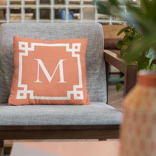 Orange and White Monogram Greek Key Border Cushion