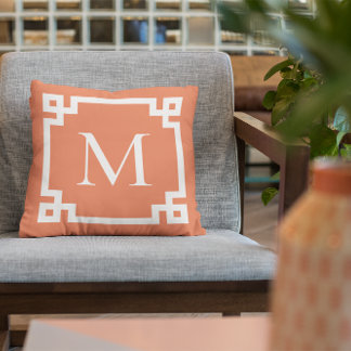 Orange and White Monogram Greek Key Border Cushion