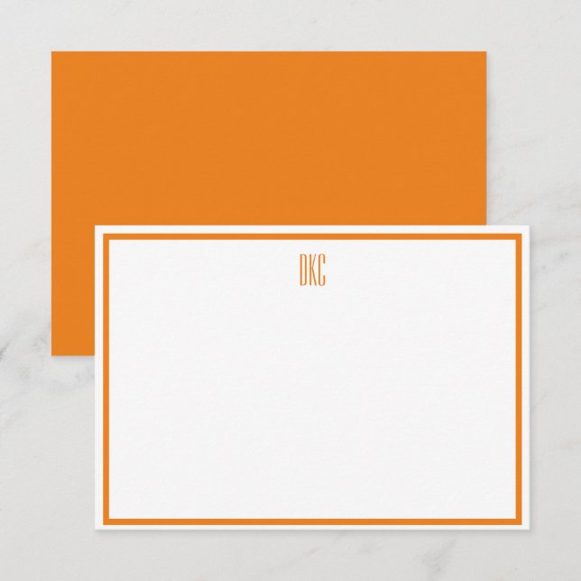 Orange and White Monogrammed Flat Note Card (Front/Back)