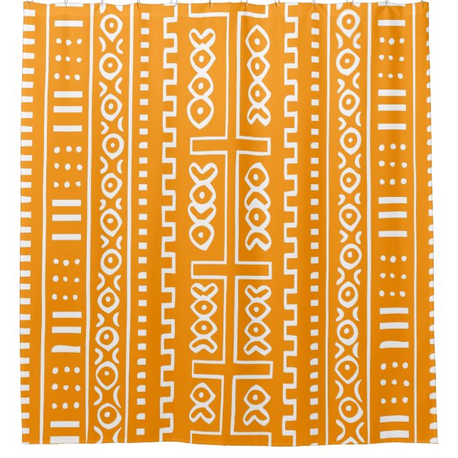 Orange and White Mud Cloth Shower Curtain (Front)