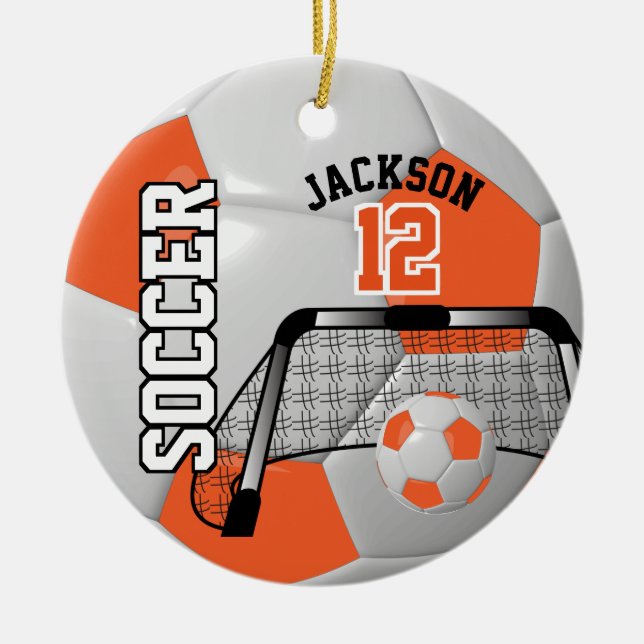 ⚽ Orange and White Personalise Soccer Ball Ceramic Ornament (Front)