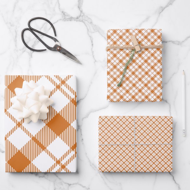 Orange and White Plaid Wrapping Paper Sheets (Front)