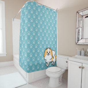 Orange And White Pomeranian On Blue And Dog Paws Shower Curtain