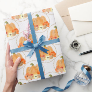 Orange and White Pumpkins in Gold Glittery Circles Wrapping Paper