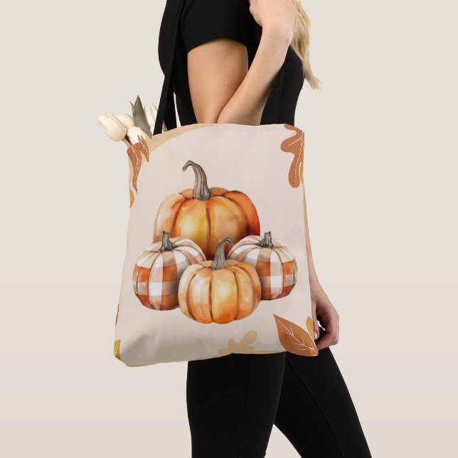 Orange and White Pumpkins Plaid Brown Halloween Tote Bag (Close Up)