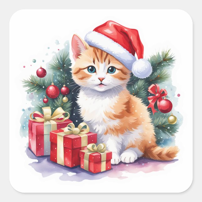 Orange and White Santa Kitten with Presents  Square Sticker (Front)