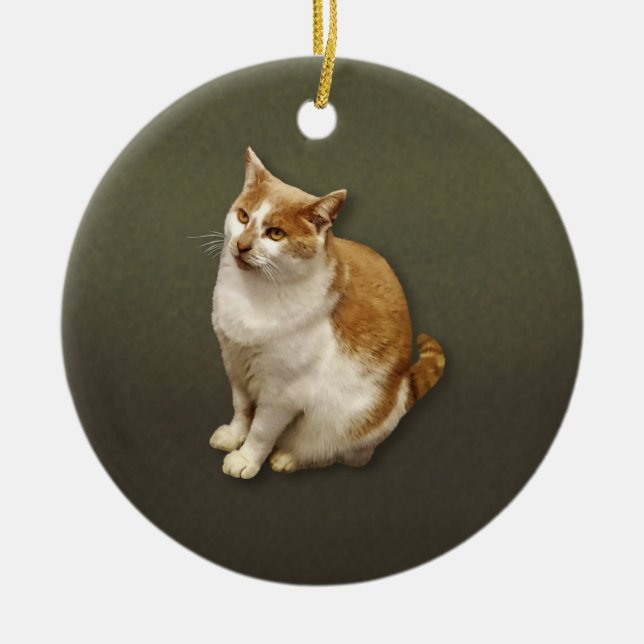 Orange and White Short Haired Cat Ceramic Ornament (Front)