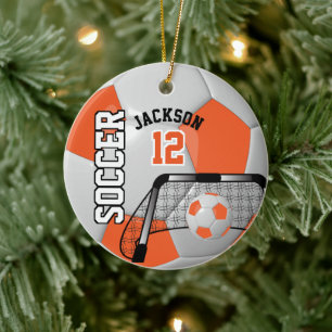 Orange and White Soccer Ball Ceramic Ornament