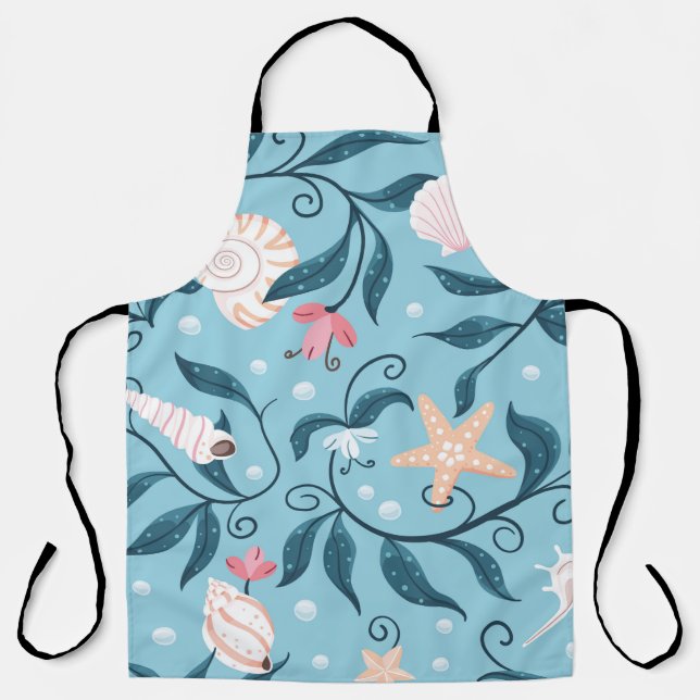 Orange and white starfish, various shaped seashell apron (Front)