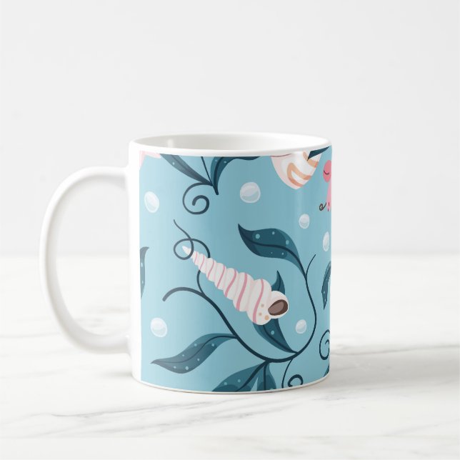 Orange and white starfish, various shaped seashell coffee mug (Left)