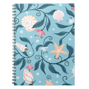 Orange and white starfish, various shaped seashell notebook