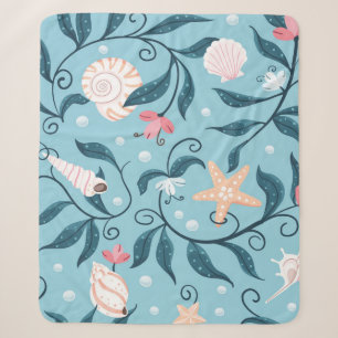 Orange and white starfish, various shaped seashell sherpa blanket