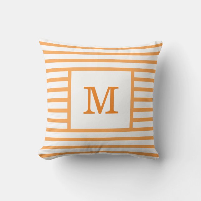Orange and White Stripes Custom Monogram Cotton Cushion (Front)