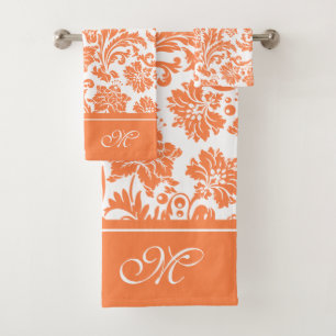 Orange and white vintage damasks monogram bath towel set