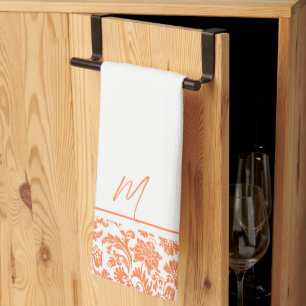 Orange and white vintage damasks monogram tea towel