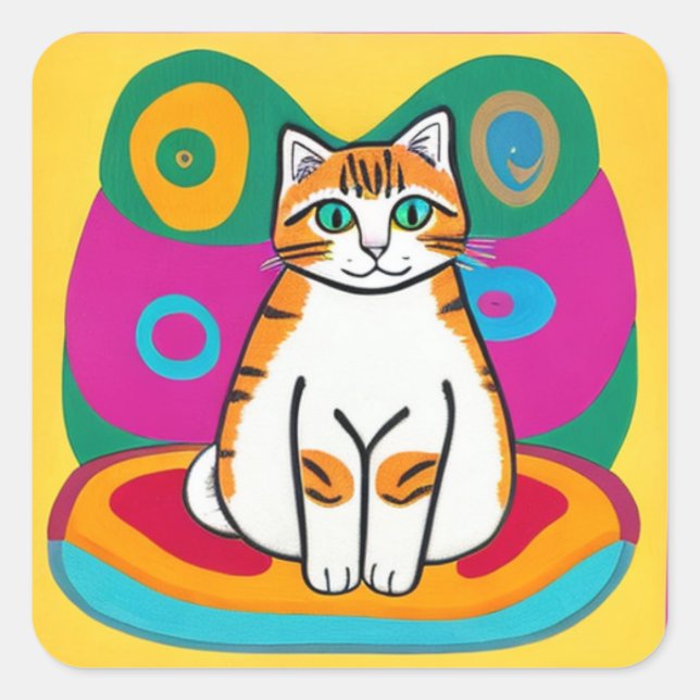 Orange and White Whimsical Cat Art Square Sticker (Front)