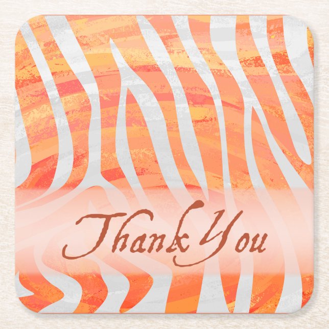Orange and White Zebra Pattern Thank You Square Paper Coaster (Front)
