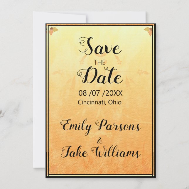 Orange And Yellow Background Black Frame Save The Date (Front)