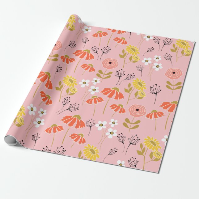 Orange and Yellow Doodle Flowers Wrapping Paper (Unrolled)