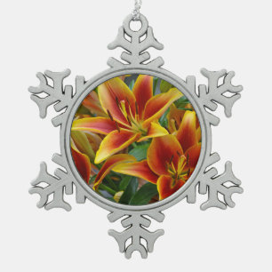 Orange and yellow lilies snowflake pewter christmas ornament