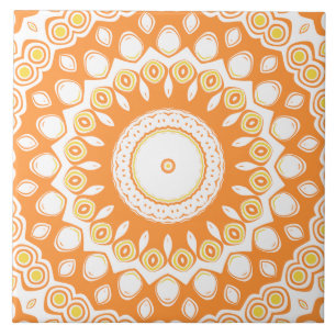 Orange and Yellow Mandala Kaleidoscope Medallion Ceramic Tile