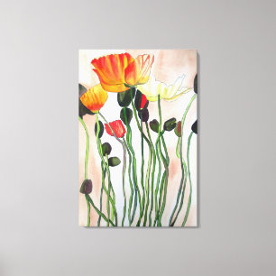 Orange and Yellow poppies watercolour flower art Canvas Print