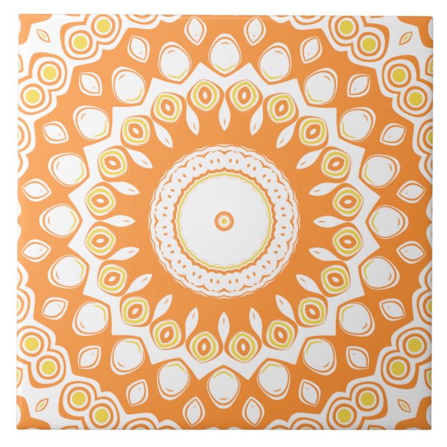 Orange and Yellow Radiant Mandala Pattern Ceramic Tile (Front)