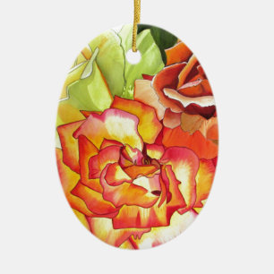 Orange and Yellow roses watercolor art Ceramic Tree Decoration
