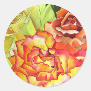 Orange and Yellow roses watercolor art Classic Round Sticker