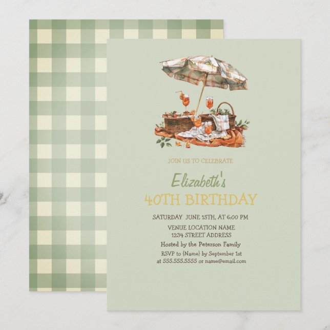 Orange Aperol Green Plaid Picnic 40TH Birthday  Invitation (Front/Back)