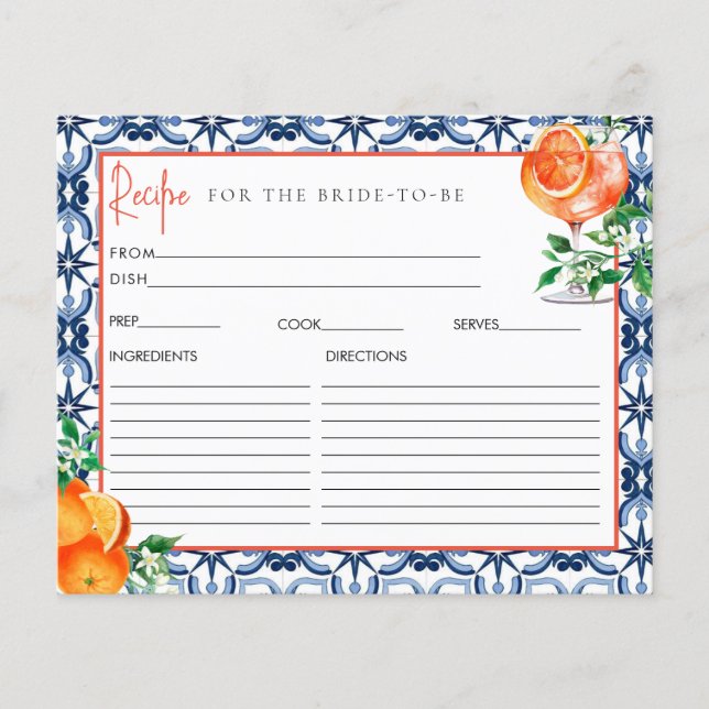Orange Aperol Spritz Bridal Shower Recipe Card (Front)