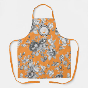Orange Apron with Flowers and Monogram