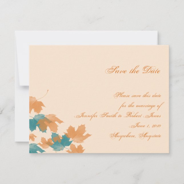 Orange Aqua Autumn Maple Leaf Save the Date (Front)