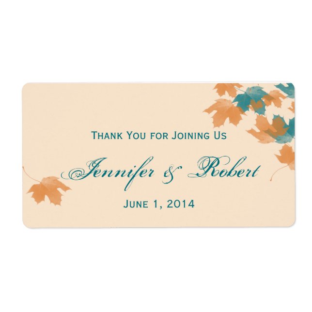 Orange Aqua Autumn Maple Leaf Water Bottle Label (Front)